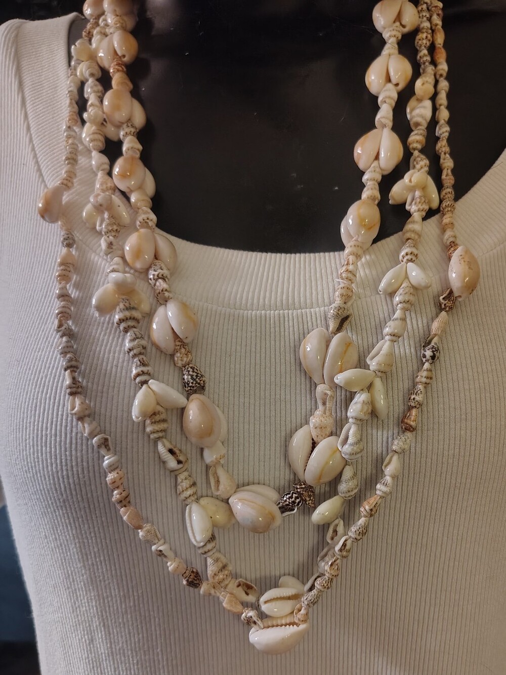 Vintage 3 Strand Natural Cowrie Shell Layered Beachy Boho Necklace 15"-18" Drop
